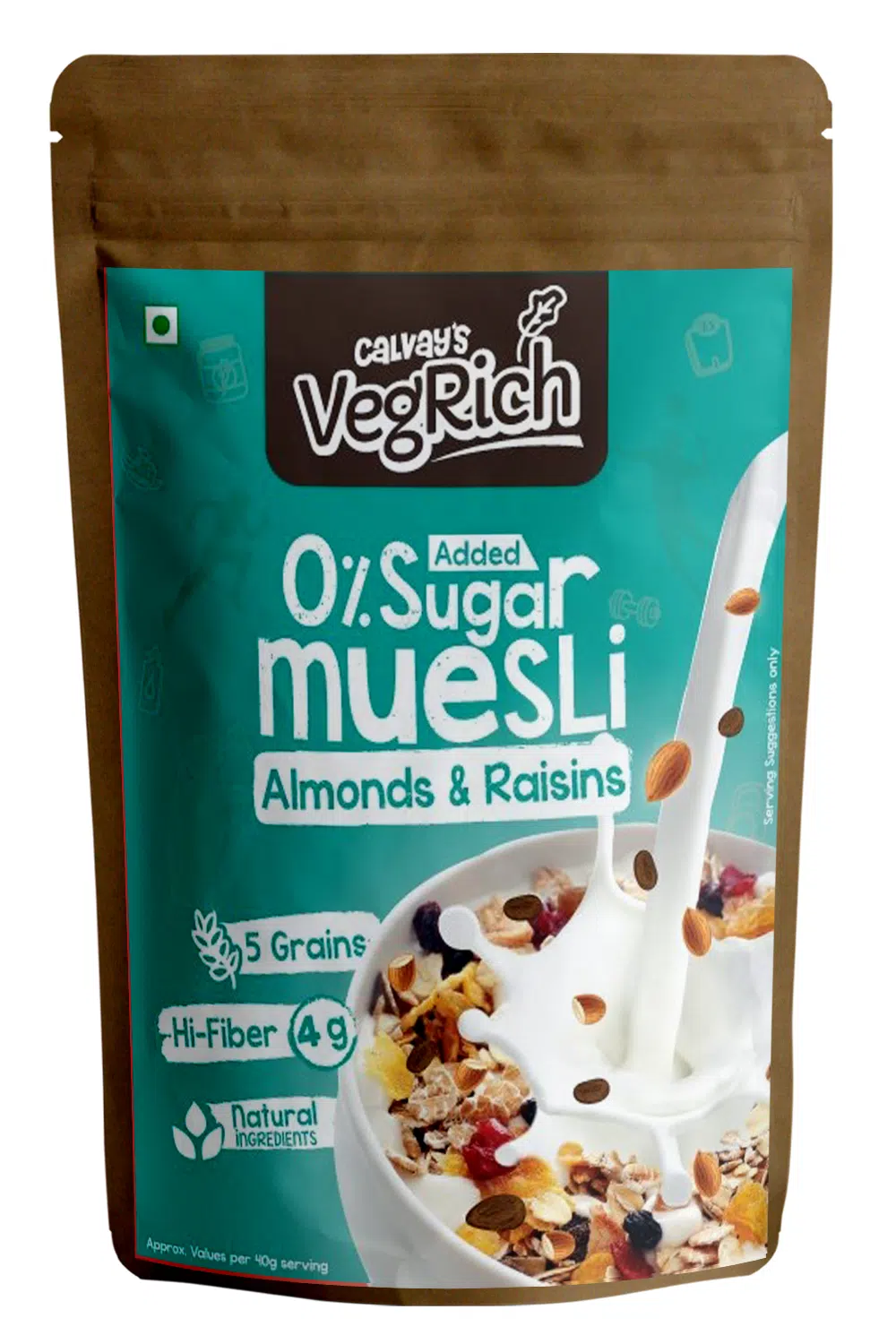 Calvay's VegRich Zero Added Sugar Breakfast Muesli-(Almonds & Raisins) Diabetic Friendly | Sugar Free Muesli - Rolled Oats + Wheat Flakes + Barley + Almonds and Raisins- 400g 