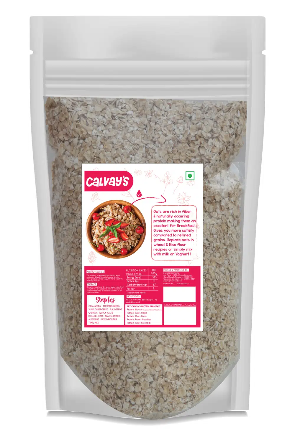 Calvay's High Protein Whole grain oats back side 