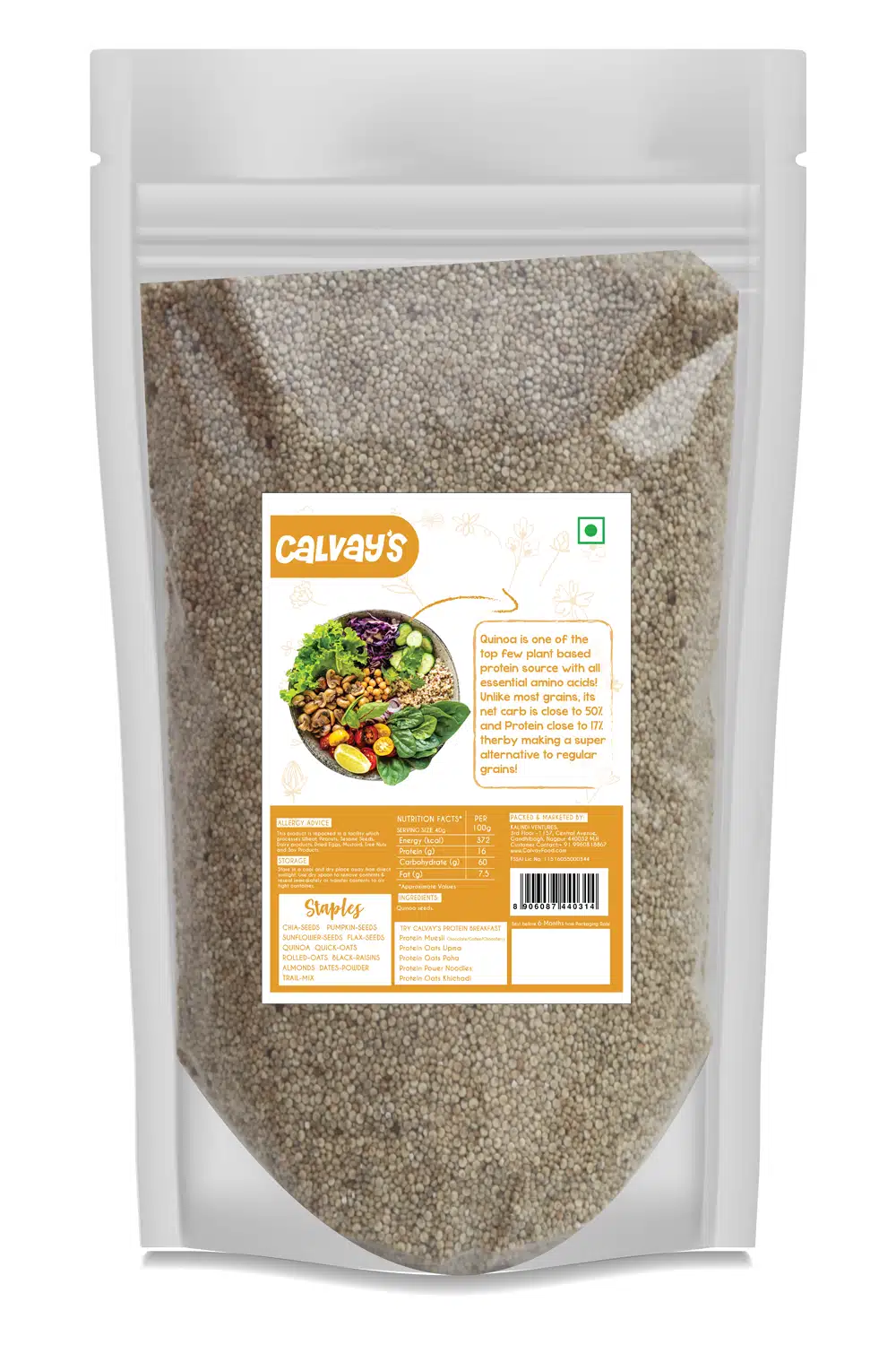 Calvay's High Protein Whole grain Quinoa back side 