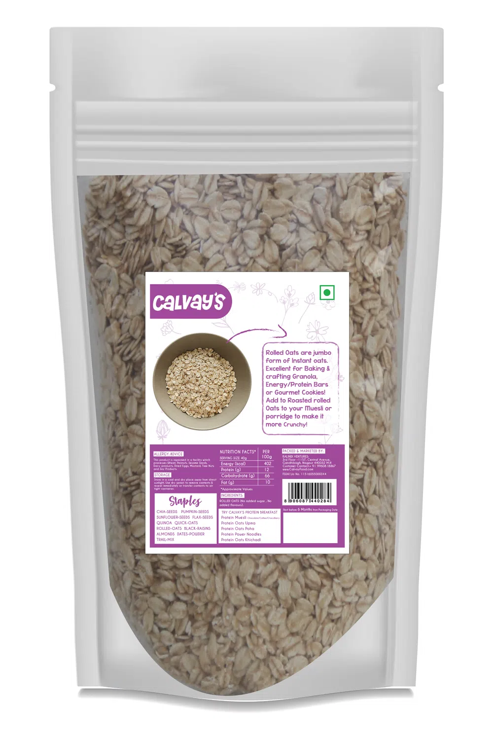 Calvay's High Protein Whole grain Rolled oats back side 